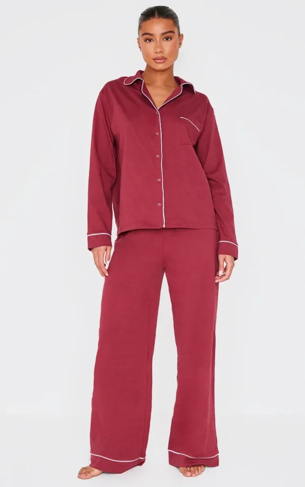 Burgundy Jersey Piping Detail Long PJ Set