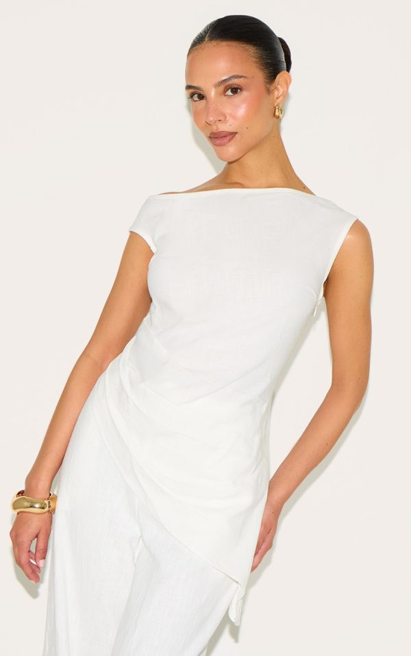 Petite White Lightweight Linen Look Woven One Shoulder Asymmetric Top