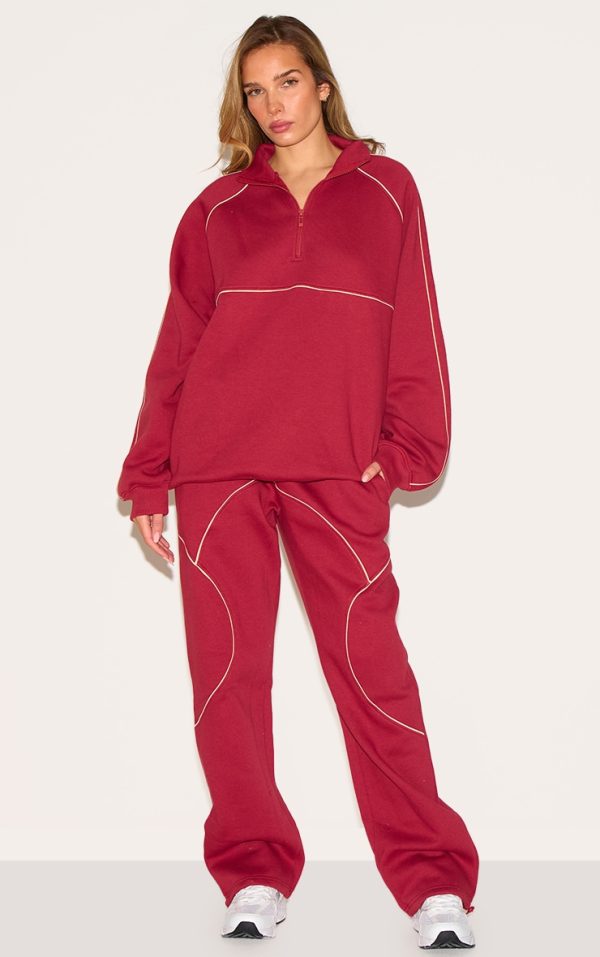 Red Oversized Contrast Piping Straight Leg Sweatpants