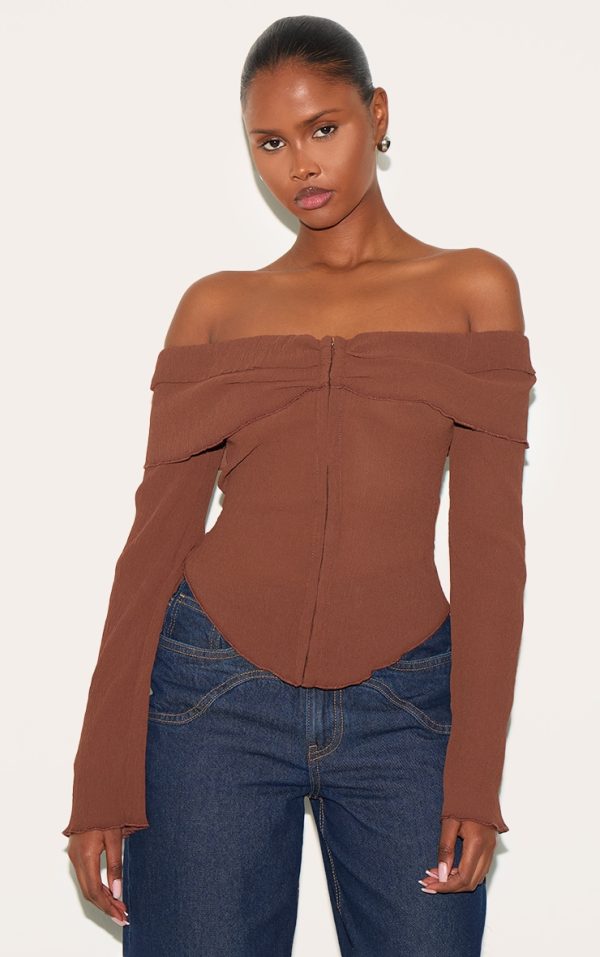 Chocolate Plisse Chiffon Bardot Blouse