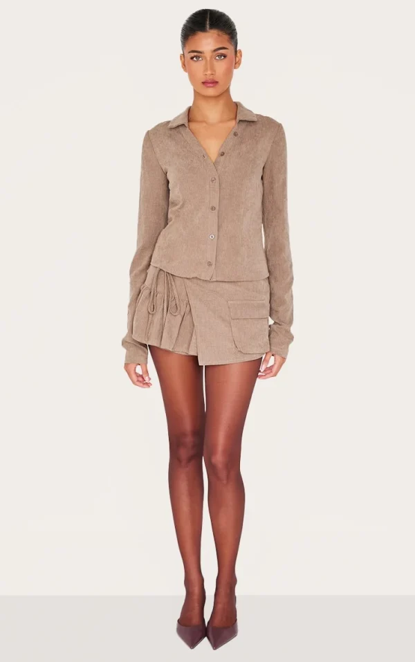 Taupe Peach Skin Pinstripe Detail Woven Frill Cargo Detail Skort