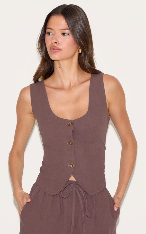 Dark Brown Linen Look Tailored Scoop Neck Fitted Vest