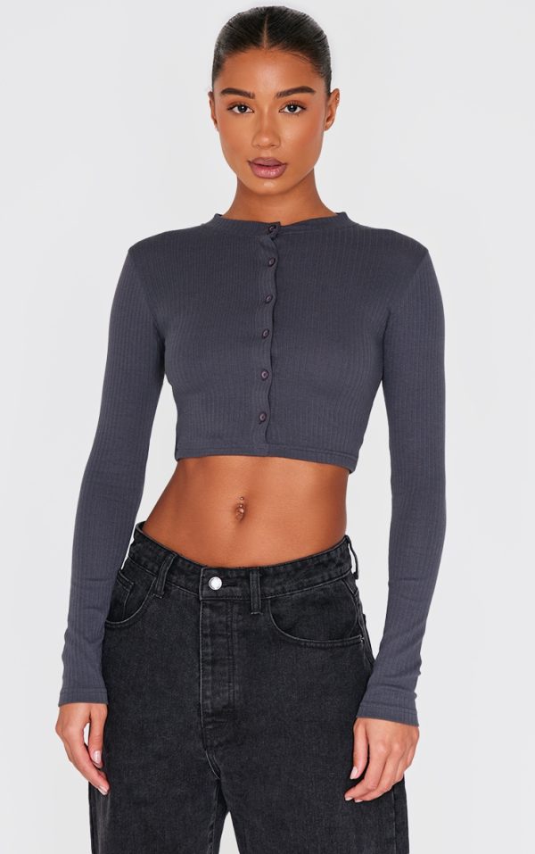 Charcoal Ribbed Button Down Detail Long Sleeve Top