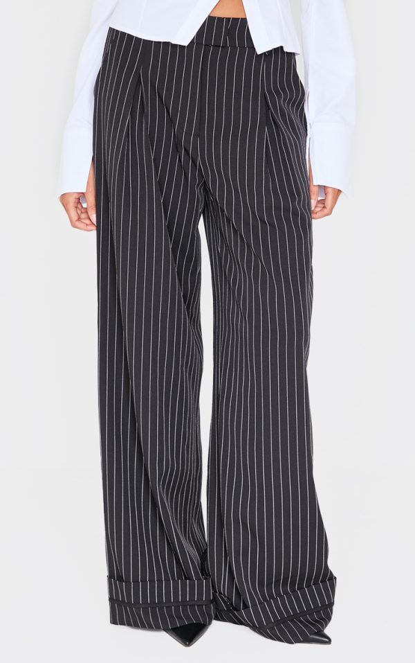 Black Pinstripe Tailored High Waisted Turn Up Hem Straight Leg Pants