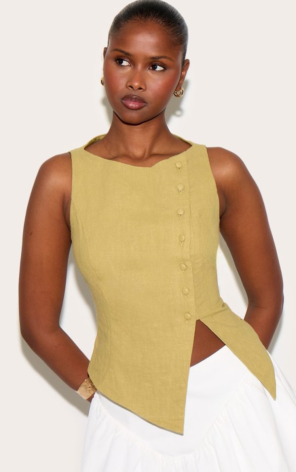 Olive Premium Linen Blend Asymmetric Button Up Vest
