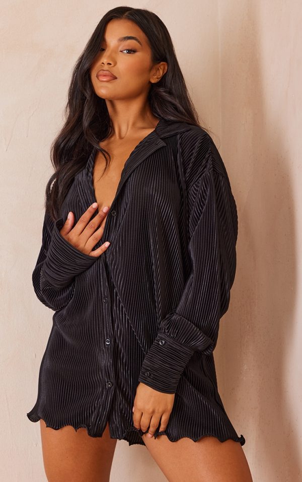 Black Plisse Frill Hem Shirt Dress
