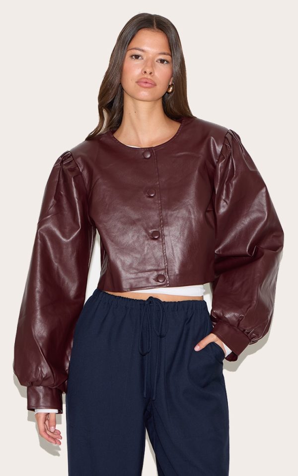 Burgundy Faux Leather Pleat Sleeve Button Up Jacket