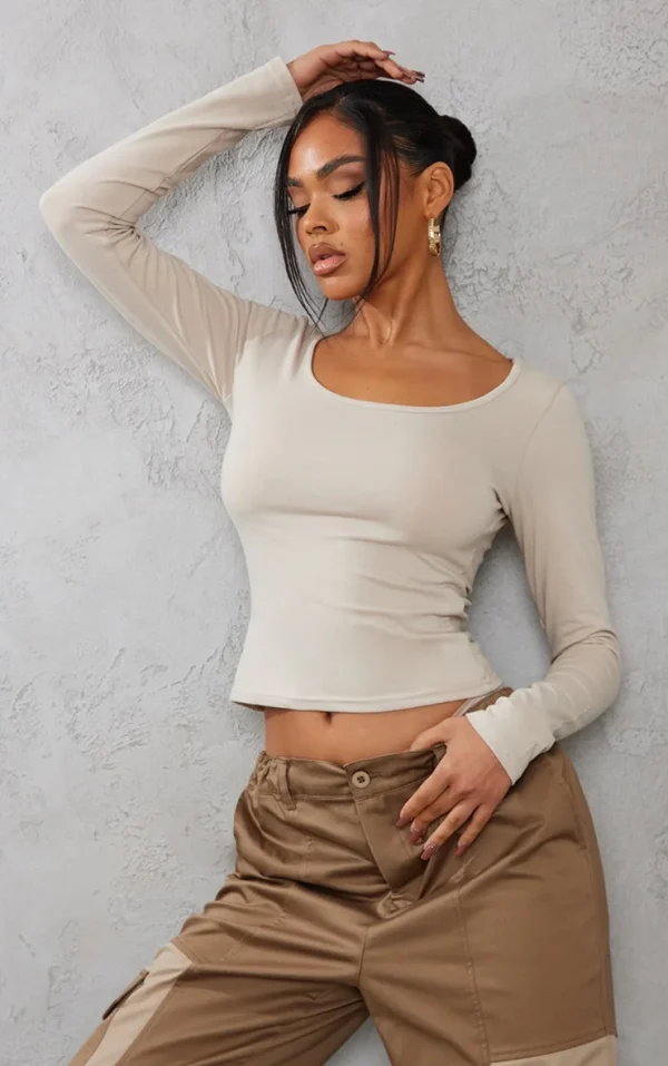 Stone Cotton Scoop Neck Long Sleeve Top