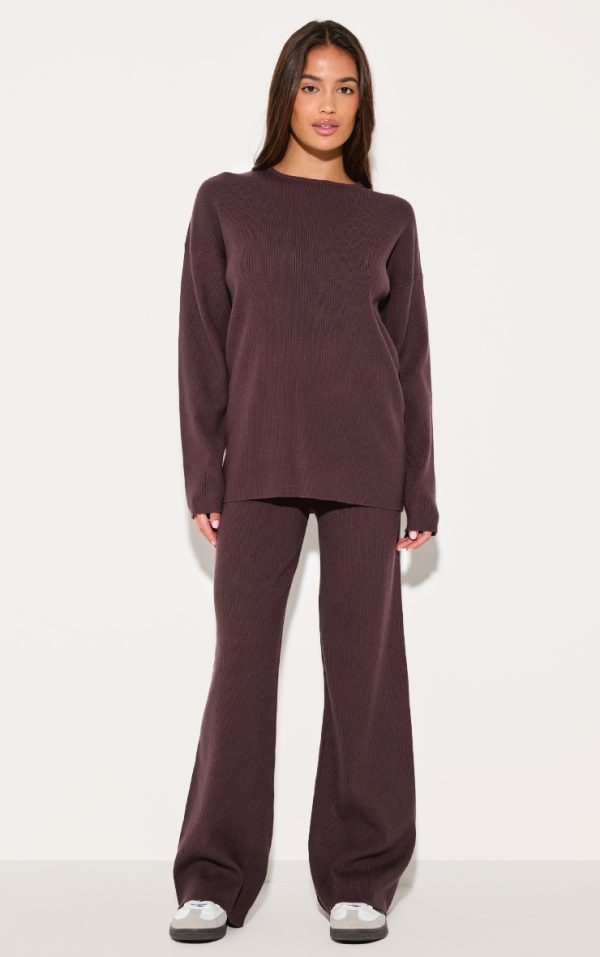 Chocolate Light Rib Knit Wide Leg Pants