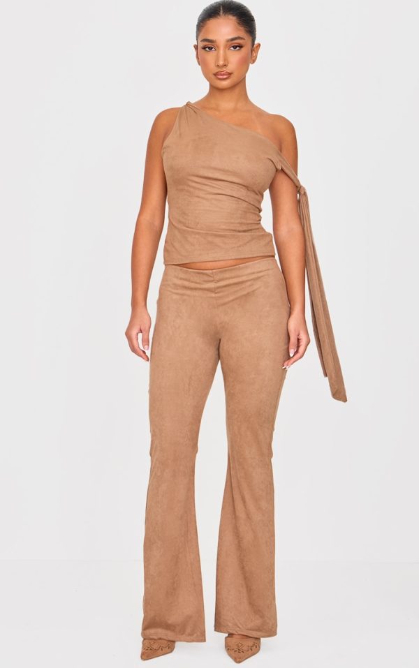 Petite Deep Taupe Faux Suede Low Rise Flare Pants