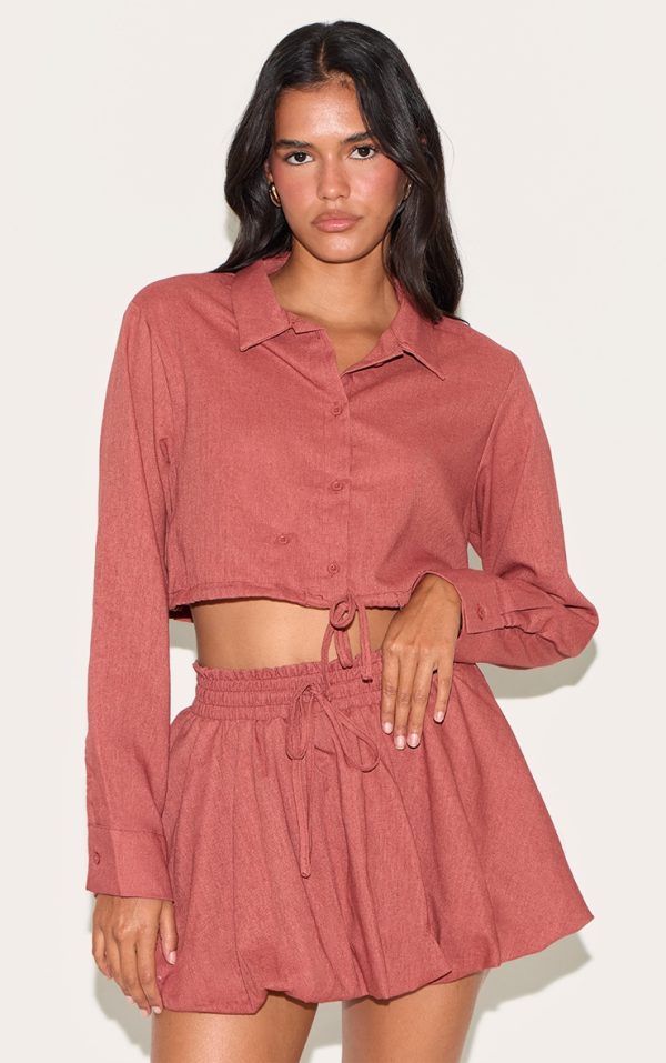 Rust Linen Look Drawstring Cropped Shirt