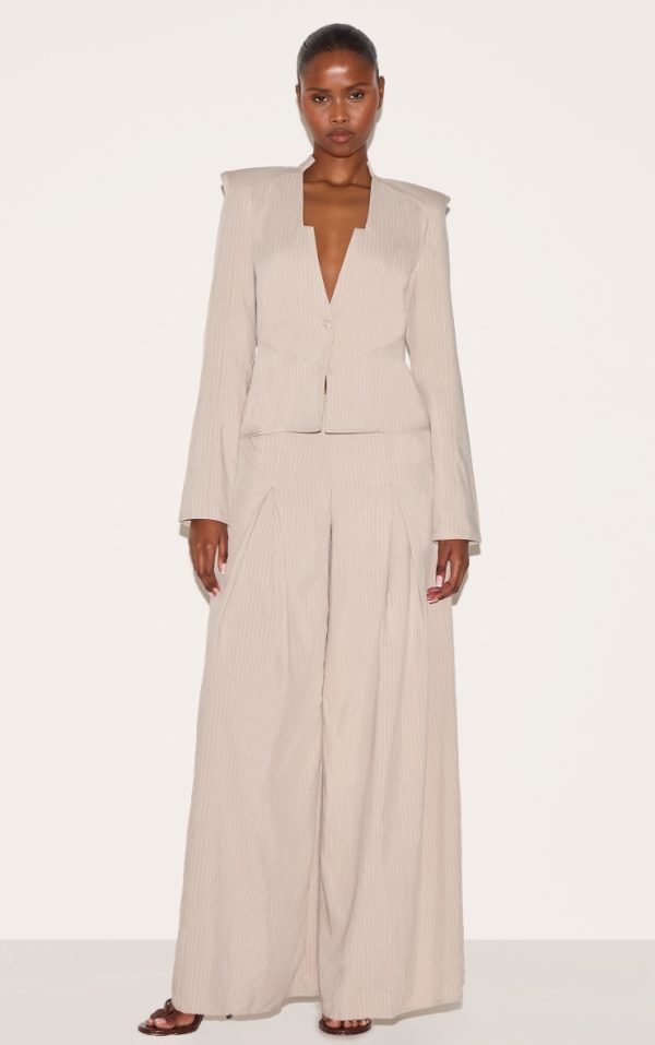 Stone Pinstripe Shirt Detail Straight Leg Jumpsuit