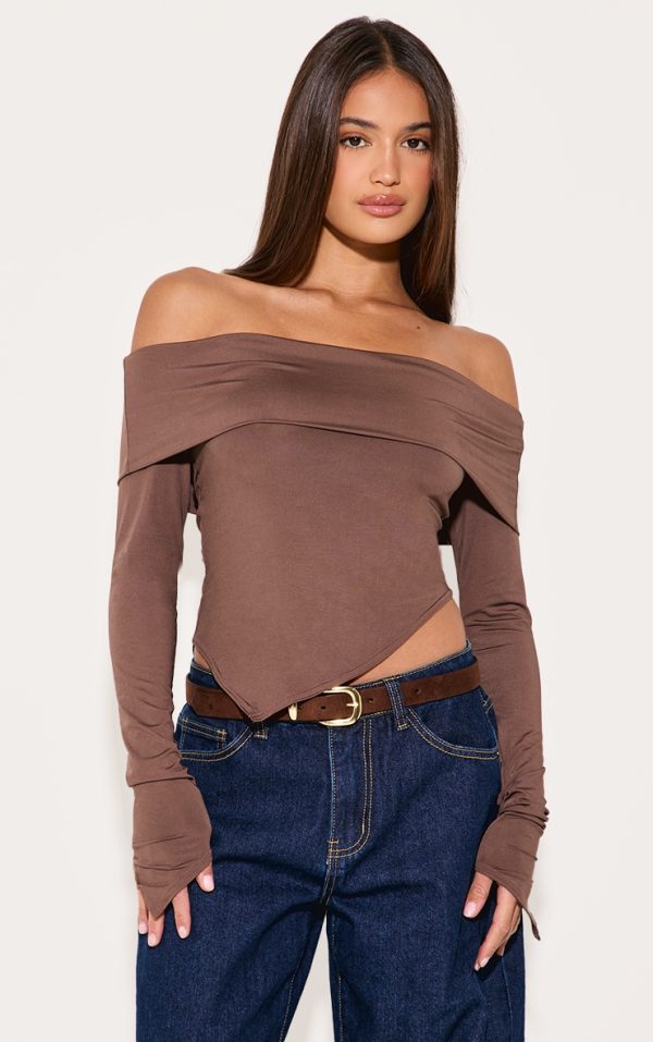 Taupe Slinky Bardot Asymmetric Long Top