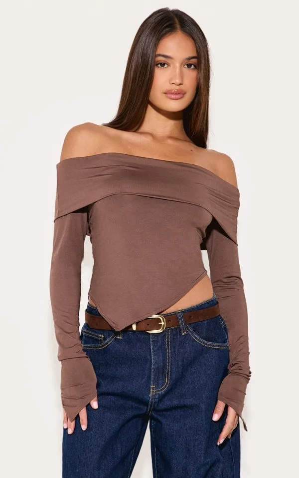 Taupe Slinky Bardot Asymmetric Long Top