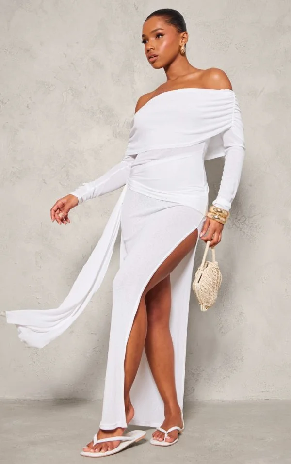 White Onion Skin Bardot Tie Waist Maxi Dress