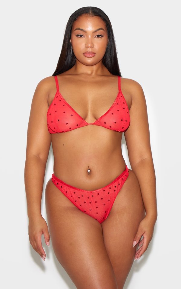 Plus Red Diamante Heart Mesh Triangle Bra