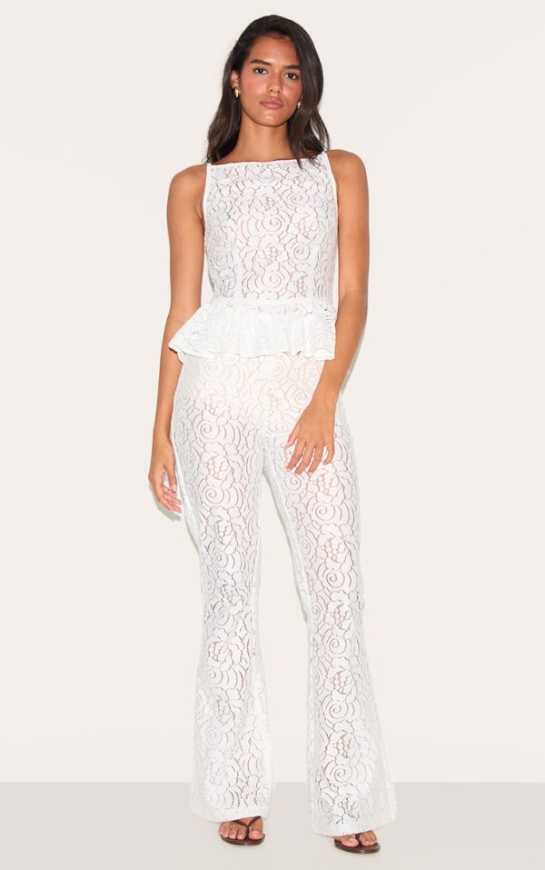 White Sheer Lace Flared Leg Pant