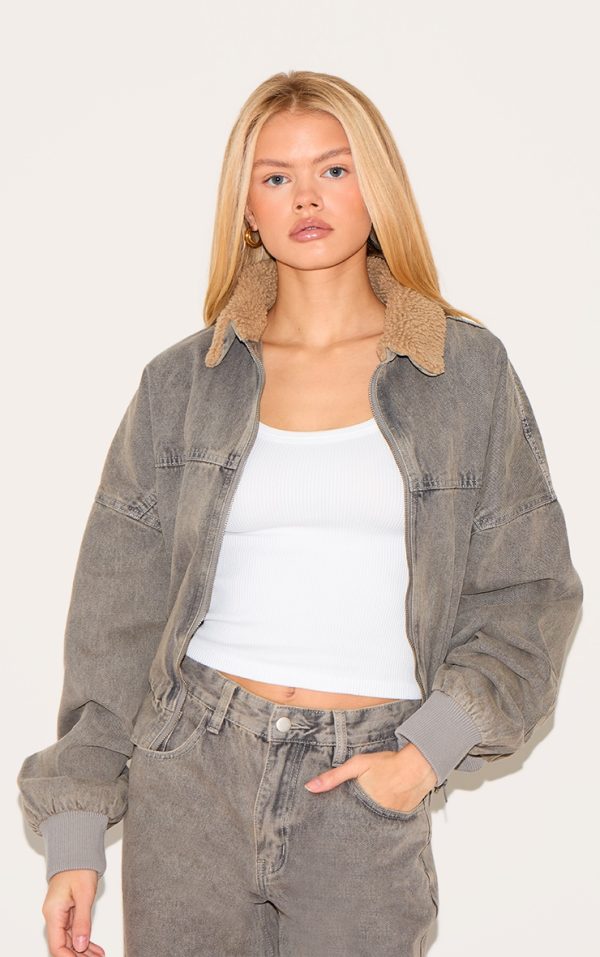 Light Grey Borg Collar Denim Bomber Jacket