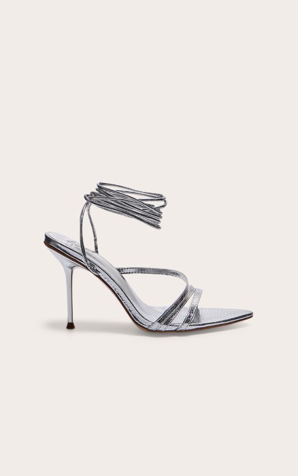 Silver Croc PU Point Toe Lace Up Heeled Sandals