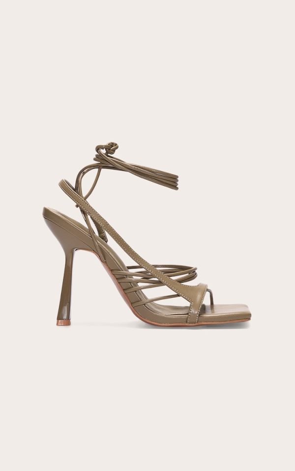 Olive Pu Square Toe Asymmetric Strappy Lace Up High Heeled Sandals