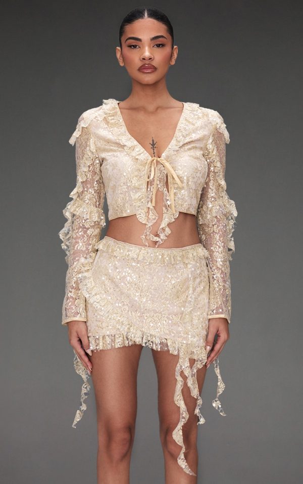 Champagne Sequin Lace Ruffle Detail Tie Front Blouse