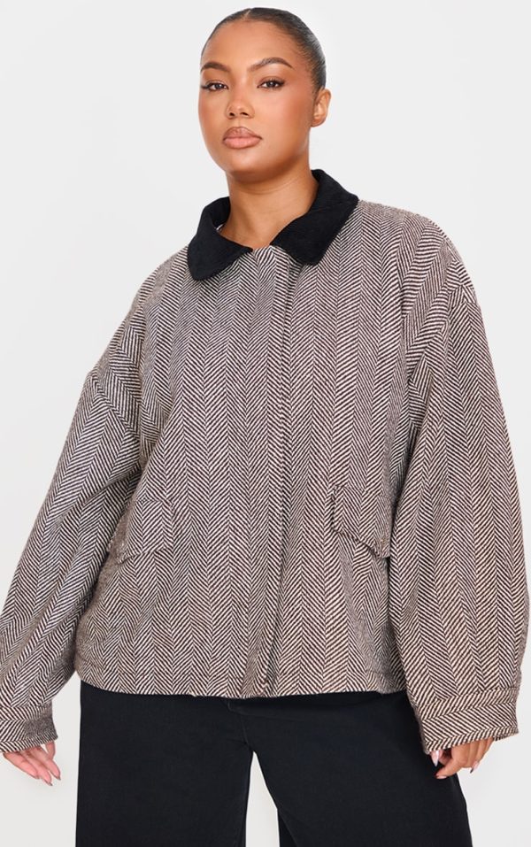 Plus Monochrome Herringbone Contrast Collar Jacket