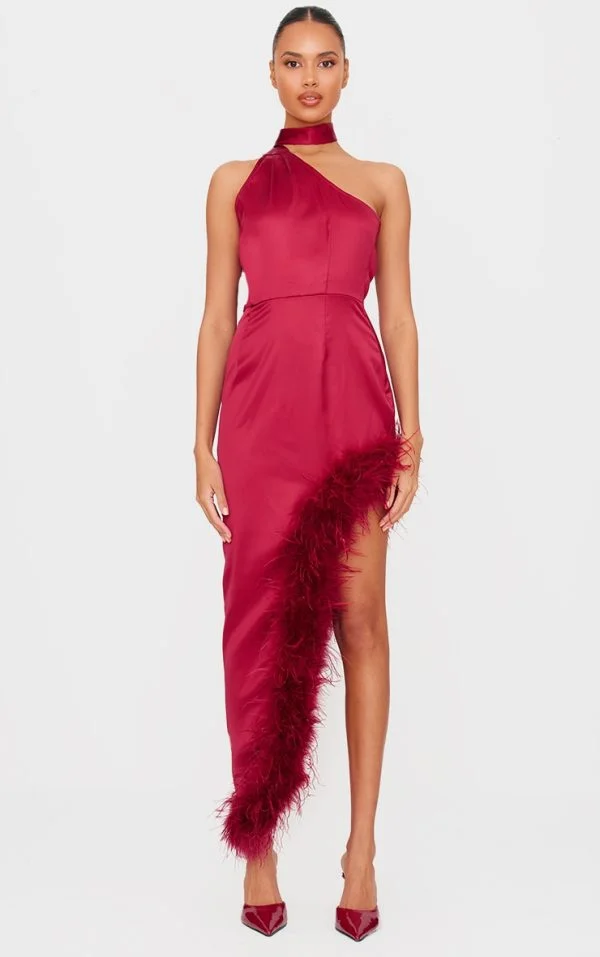 Red Satin High Neck Feather Trim Maxi Dress