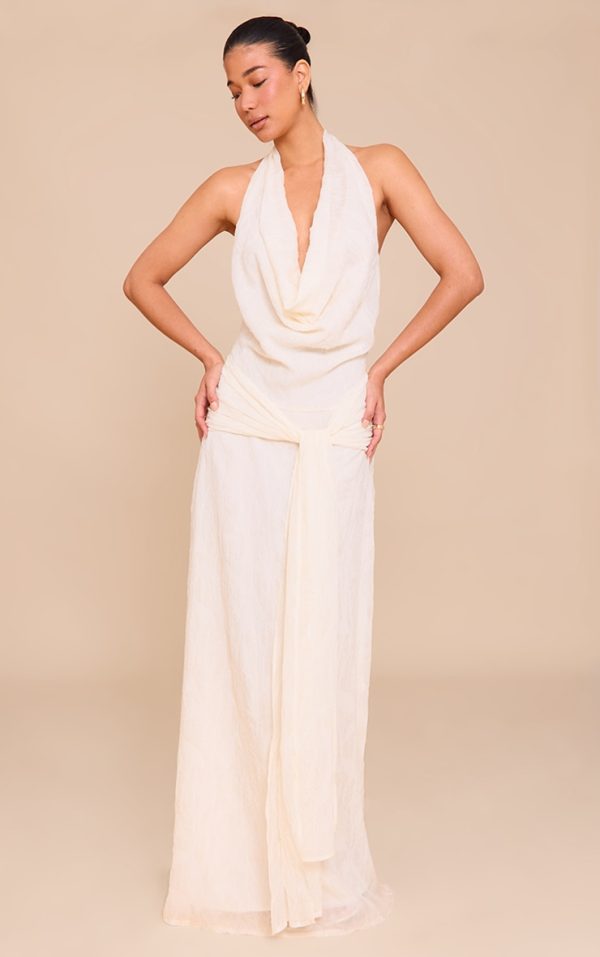 Natural Textured Cowl Neck Wrap Maxi Dress