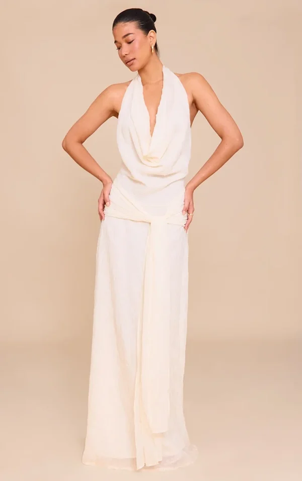 Natural Textured Cowl Neck Wrap Maxi Dress