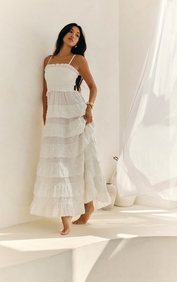 White Textured Shirred Tiered Maxi Dress
