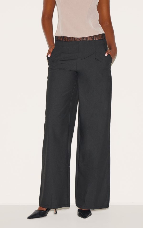 Black Lace Waist Detail Woven Wide Leg Pants