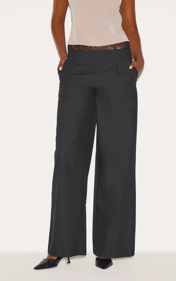 Black Lace Waist Detail Woven Wide Leg Pants