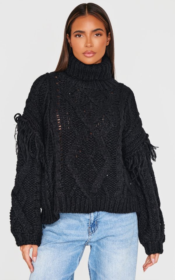 Black Cable Knit Tassel Detail Roll Neck Sweater