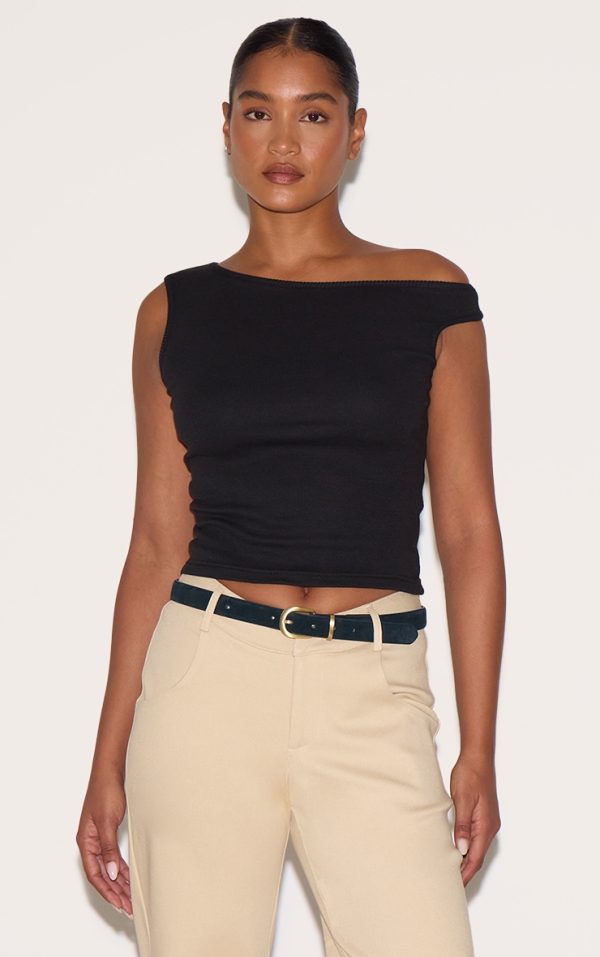 Black Ribbed Asymmetric Detail Vest Top