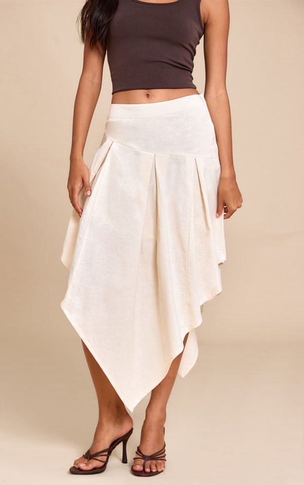 Natural Cotton Asymmetric Hanky Hem Midi Skirt