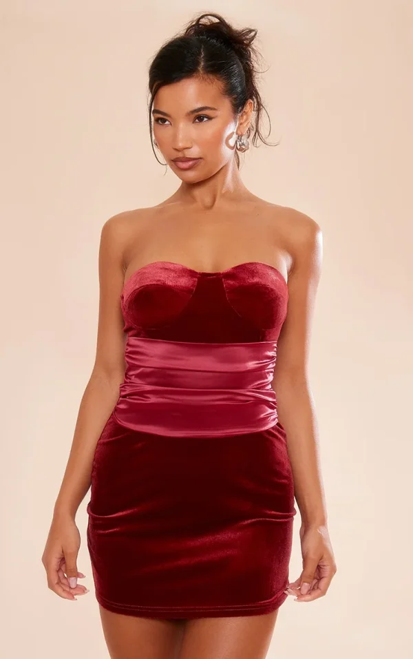 Cherry Red Velvet Satin Detail Bandeau Shift Dress