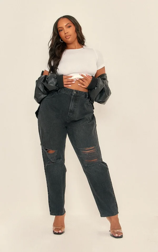 PRETTYLITTLETHING Plus Washed Black Ripped Knee Mom Jeans