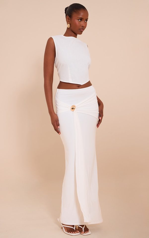 Cream Double Layer Trim Detail Slinky Maxi Skirt