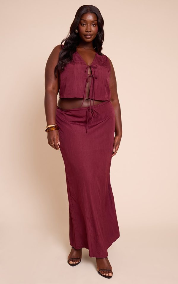 Plus Plum Textured Tie Waist Detail Maxi Skirt