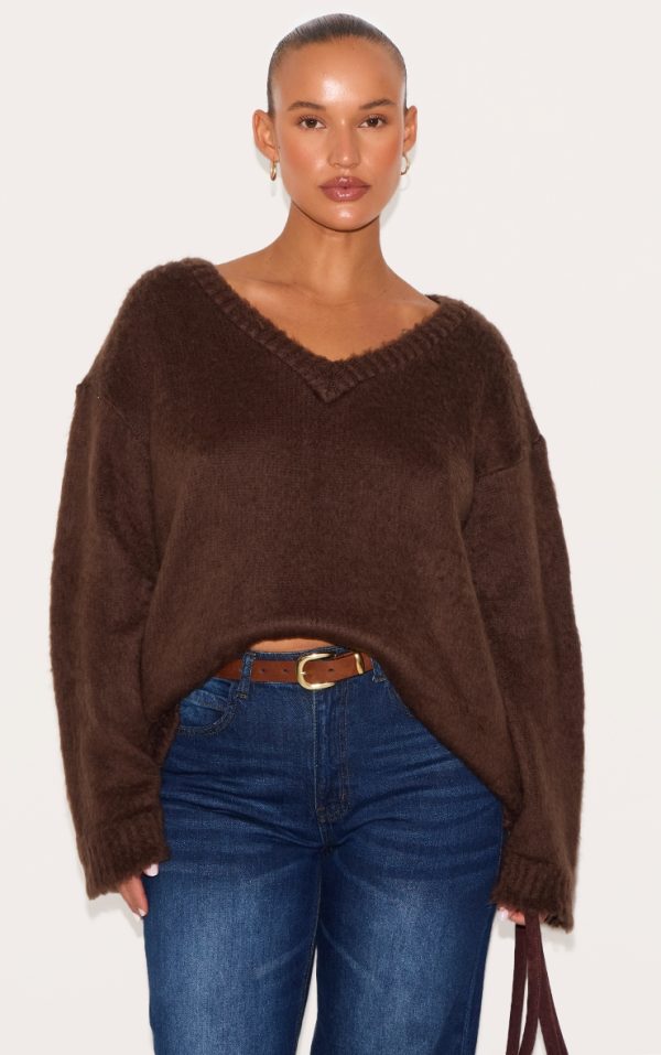 Plus Chocolate Slouchy V Neck Eyelash Knit Sweater