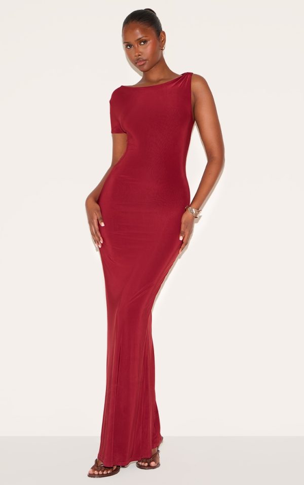 Wine Double Layer Slinky Knot Shoulder Cap Sleeve Maxi Dress
