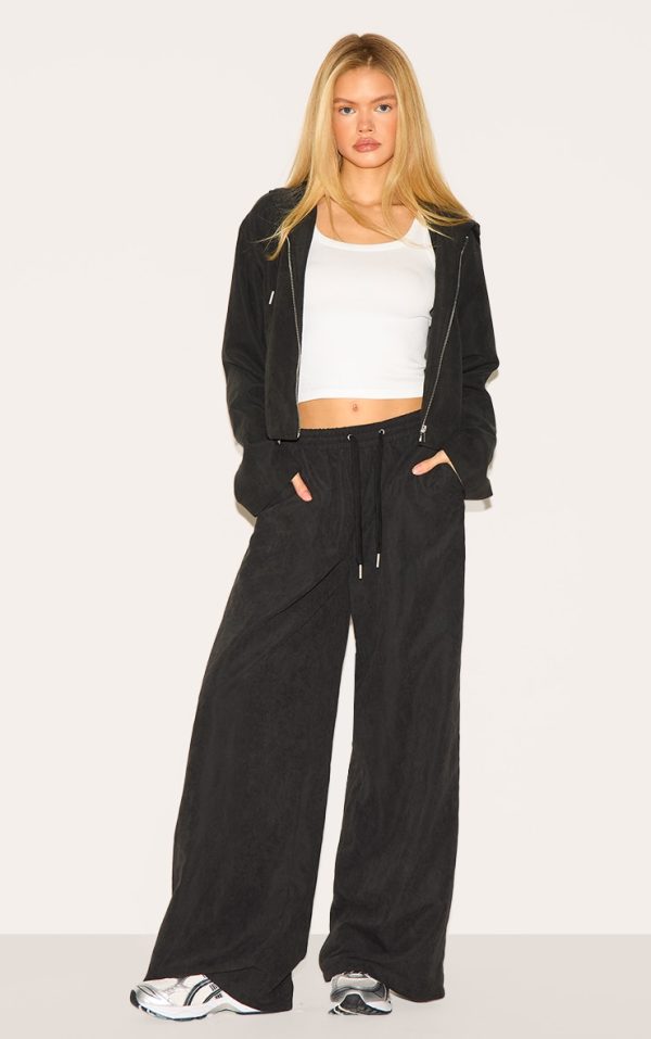 Black Peach Skin Woven Wide Leg Pants