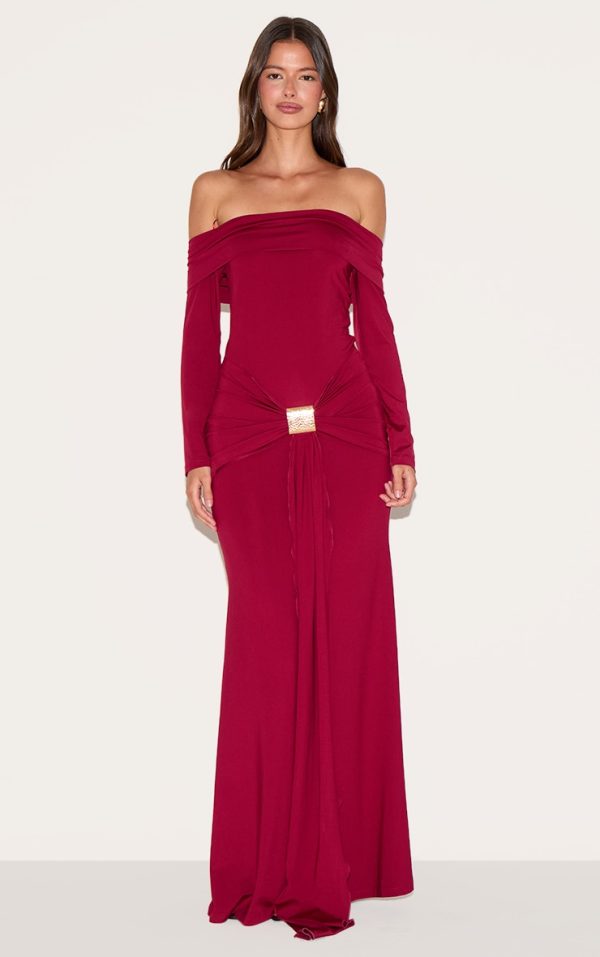 Deep Red Bardot Long Sleeve Trim Drape Detail Maxi Dress