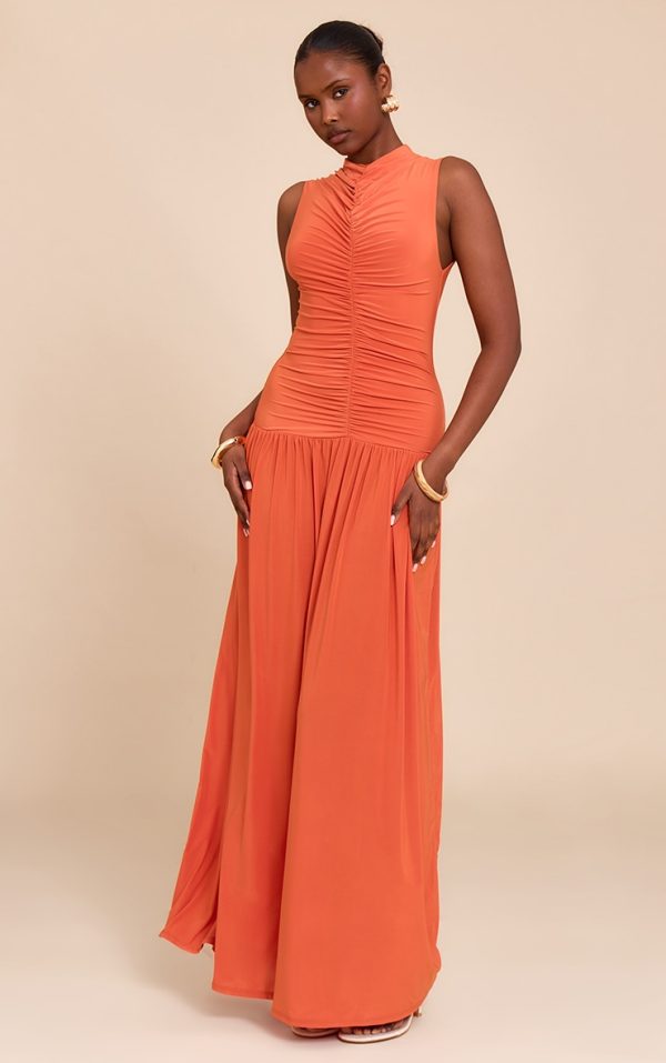 Orange Double Layer Soft Touch Drop Waist Ruched Maxi Dress