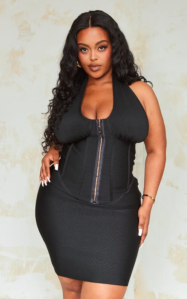 Plus Black Bandage Plunge Corset Bodycon Dress