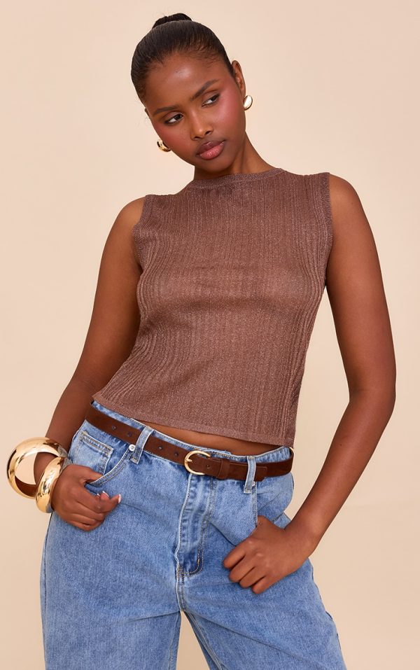 Chocolate Sheer Knit Boat Neck Top