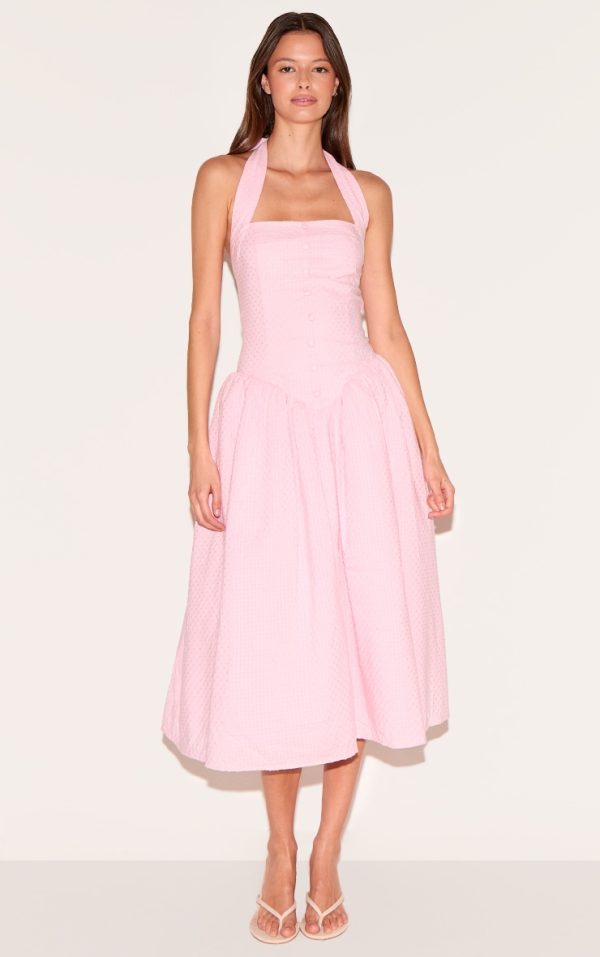 Candy Pink Embroidered Cotton Halterneck Midaxi Dress