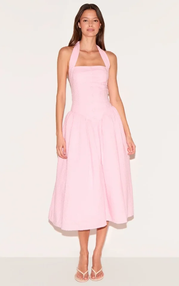 Candy Pink Embroidered Cotton Halterneck Midaxi Dress