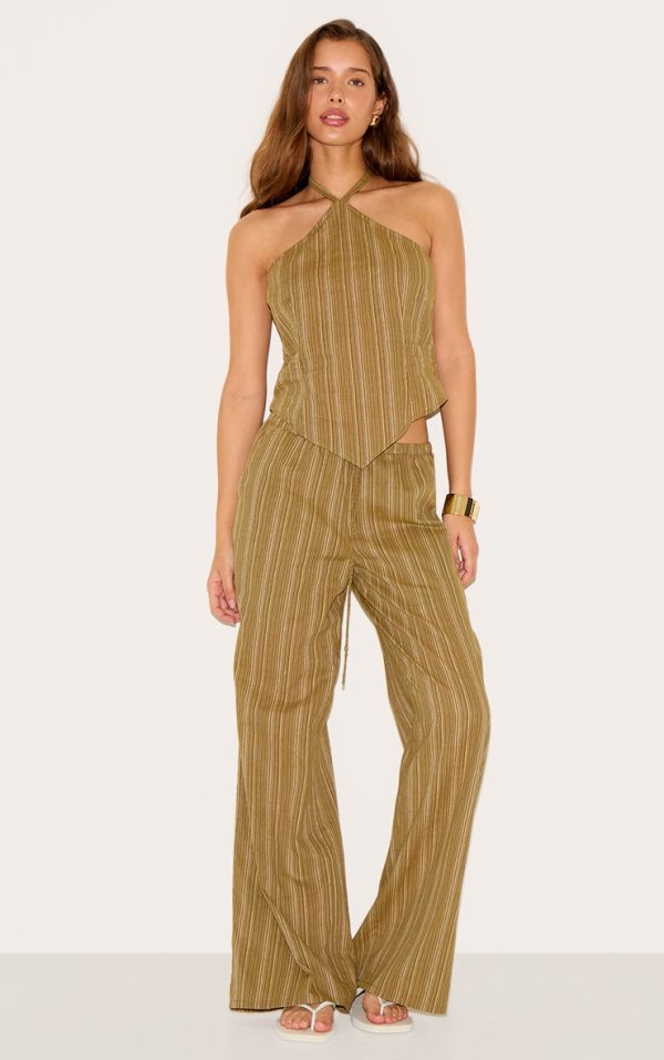 Khaki Pinstripe Tie Waist Cotton Pants
