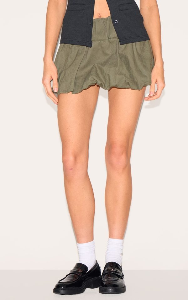 Khaki Twill Low Rise Puffball Mini Skirt